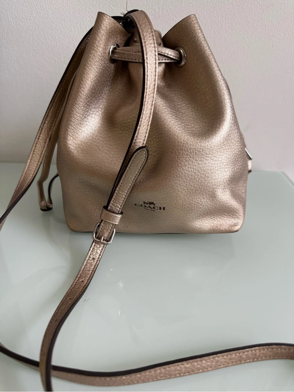 Coach Metallic Rose Gold Leather Drawstring Crossbody Bag